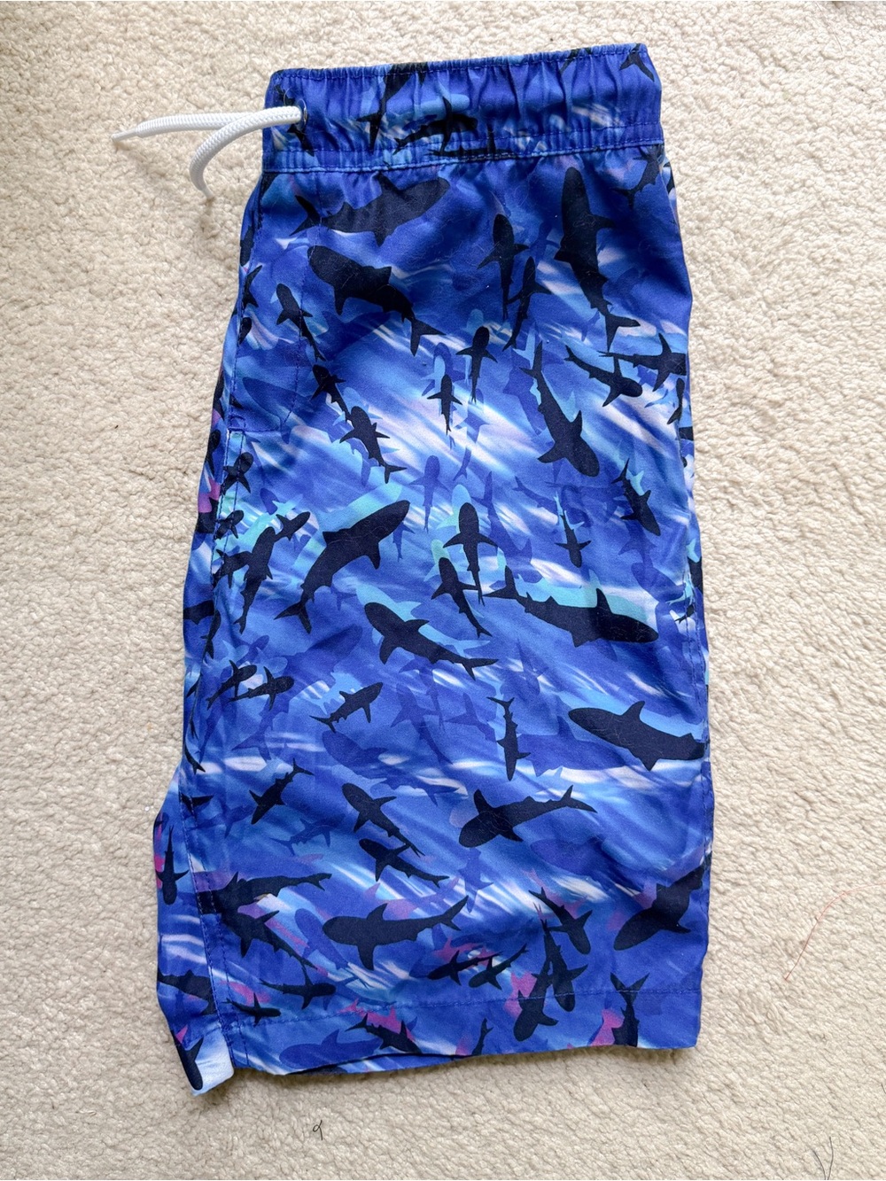Lands' End Blue Shark Swim Shorts with White Drawstring